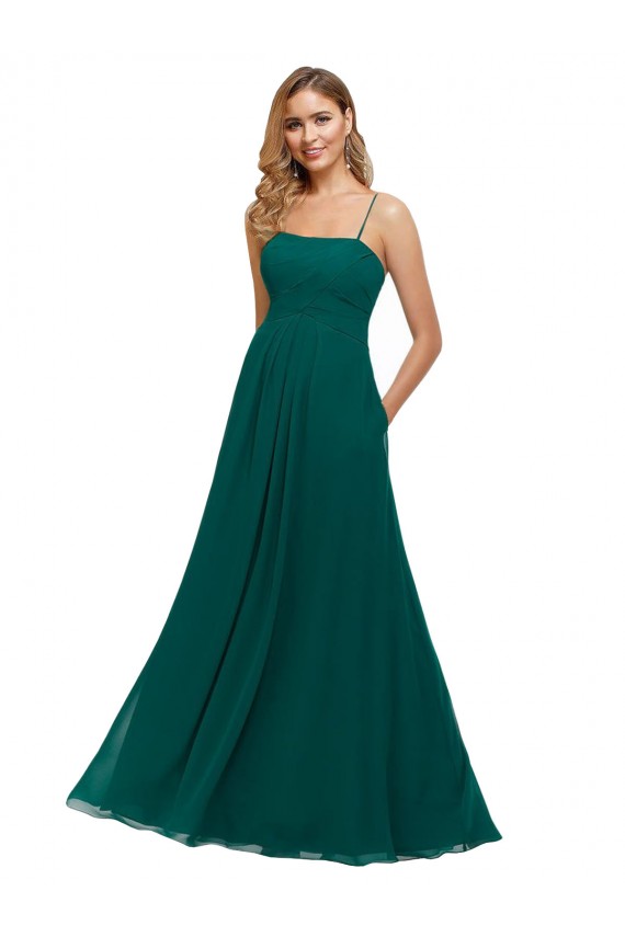 Meilleures Vert Chasseur Trapèze Bretelles spaghetti Col Carré Mousseline Longue Robes demoiselle d'honneur