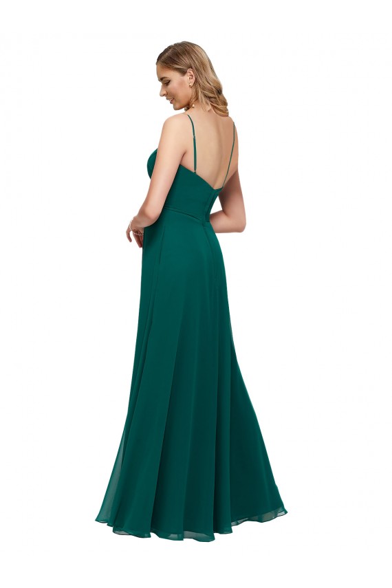Meilleures Vert Chasseur Trapèze Bretelles spaghetti Col Carré Mousseline Longue Robes demoiselle d'honneur