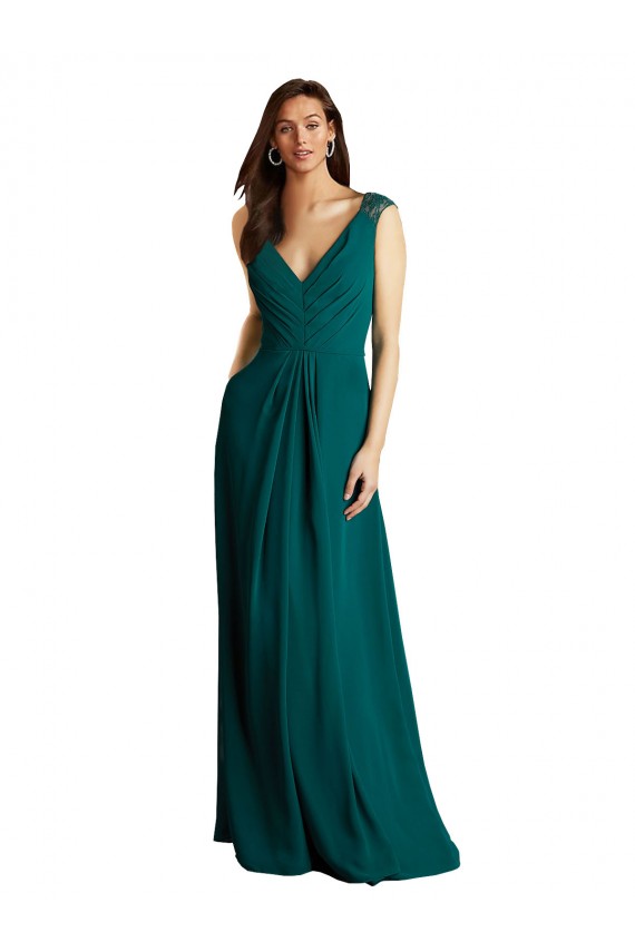 Meilleures Vert Chasseur Trapèze Col V Mousseline Dentelle Longue Robes demoiselle d'honneur