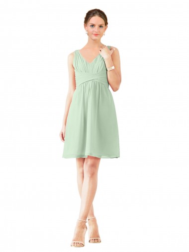 Meilleures Vert Sauge Trapèze Col V Mousseline Courte Robes demoiselle d'honneur / Robes de cocktail