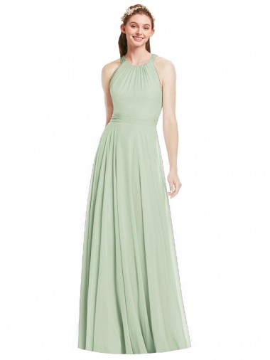 Meilleures Vert Sauge Trapèze Licou Mousseline Longue Robes demoiselle d'honneur