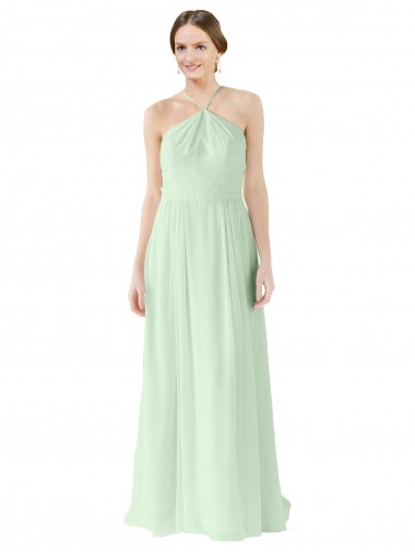 Meilleures Vert Sauge Trapèze Licou Mousseline Longue Robes demoiselle d'honneur