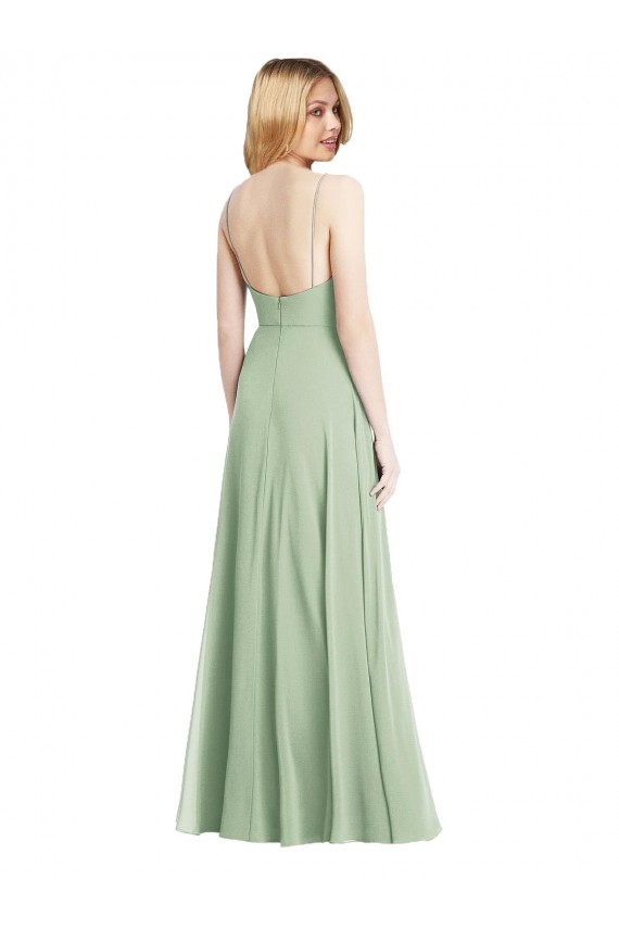 Meilleures Vert Sauge Trompette Bretelles spaghetti Col Carré Mousseline Longue Formelles Robes demoiselle d'honneur / Robes de soirée
