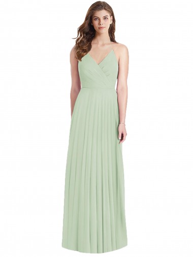 Meilleures Vert Sauge Trompette Bretelles spaghetti Col V Mousseline Longue Robes demoiselle d'honneur