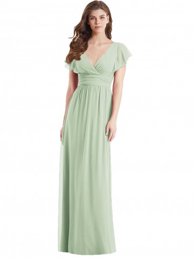 Meilleures Vert Sauge Trompette Col V Mousseline Longue Robes demoiselle d'honneur