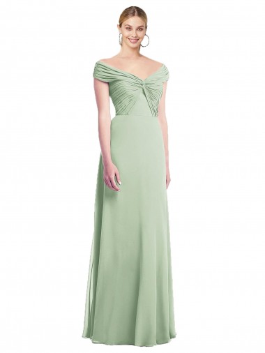 Meilleures Vert Sauge Trompette Épaule Dénudée Mousseline Longue Robes demoiselle d'honneur