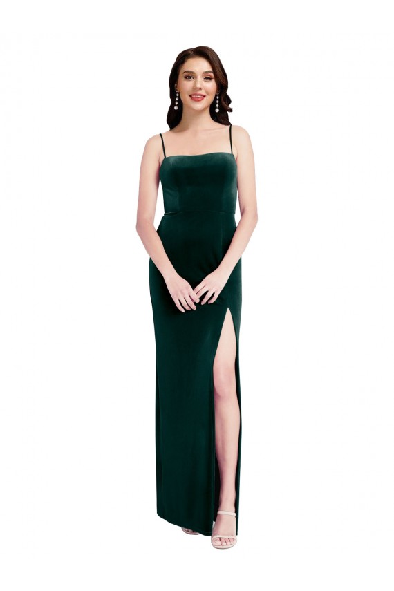 Meilleures Vert foncé Fourreau Bretelles spaghetti Col Carré Velours Stretch Longue Robes demoiselle d'honneur / Robes de bal