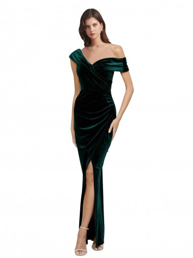 Meilleures Vert foncé Fourreau Épaule Dénudée Velours Stretch Longue Asymétrique Formelles Robes demoiselle d'honneur / Robes de soirée / Robes de bal