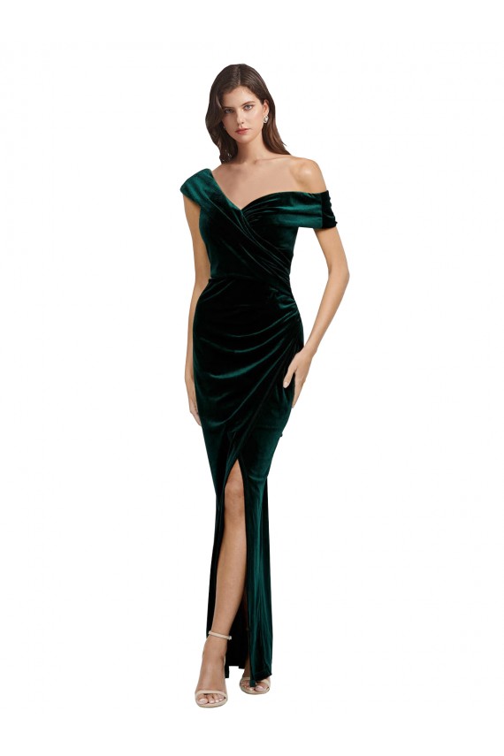 Meilleures Vert foncé Fourreau Épaule Dénudée Velours Stretch Longue Asymétrique Formelles Robes demoiselle d'honneur / Robes de soirée / Robes de bal