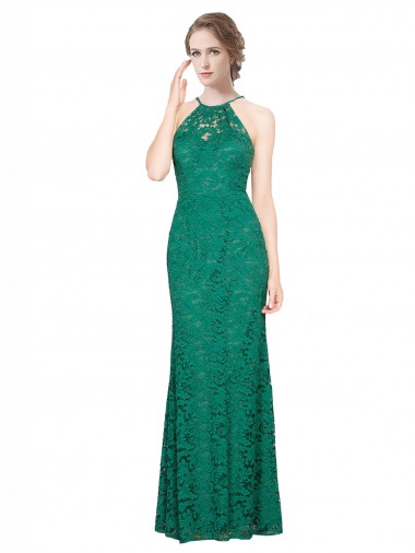 Meilleures Vert foncé Sirène Licou Col Haut Dentelle Longue Robes demoiselle d'honneur / Robes de bal