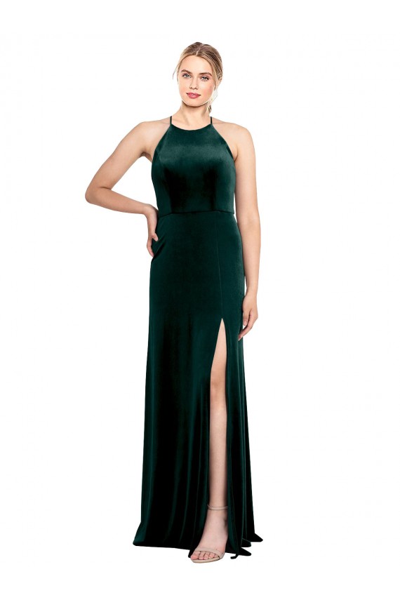 Meilleures Vert foncé Trapèze Bretelles spaghetti Col bijou Velours Stretch Longue Robes demoiselle d'honneur / Robes de bal