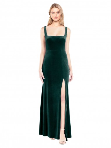 Meilleures Vert foncé Trapèze Col Carré Velours Stretch Longue Robes demoiselle d'honneur / Robes de bal
