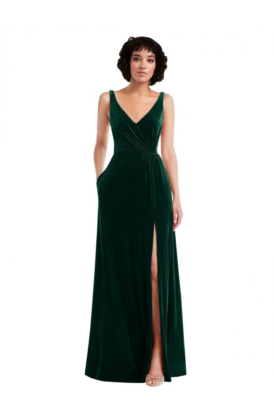 Meilleures Vert foncé Trapèze Col V Velours Stretch Longue Robes demoiselle d'honneur / Robes de bal