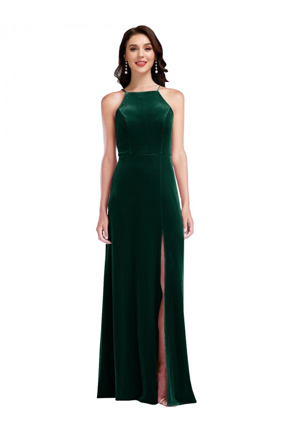 Meilleures Vert foncé Trapèze Licou Col Haut Velours Stretch Longue Robes demoiselle d'honneur / Robes de bal
