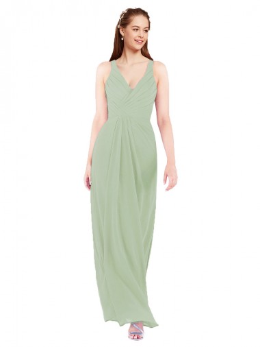 Meilleures Vert fumée Fourreau Col V Mousseline Longue Robes demoiselle d'honneur