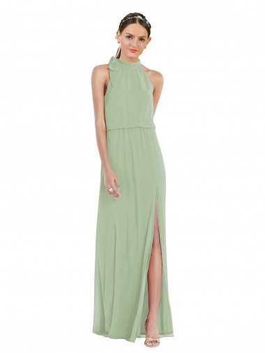Meilleures Vert fumée Trapèze Col Haut Mousseline Longue Robes demoiselle d'honneur