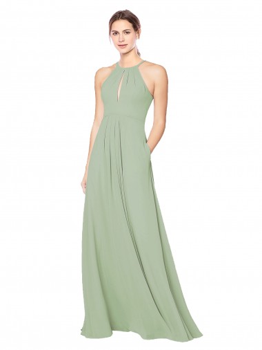 Meilleures Vert fumée Trapèze Licou Mousseline Longue Robes demoiselle d'honneur