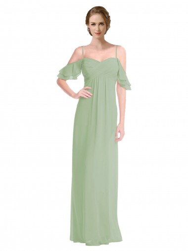 Meilleures Vert fumée Trapèze Épaule Dénudée Bretelles spaghetti Mousseline Longue Robes demoiselle d'honneur