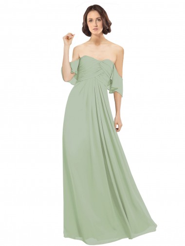 Meilleures Vert fumée Trapèze Épaule Dénudée Mousseline Longue Robes demoiselle d'honneur