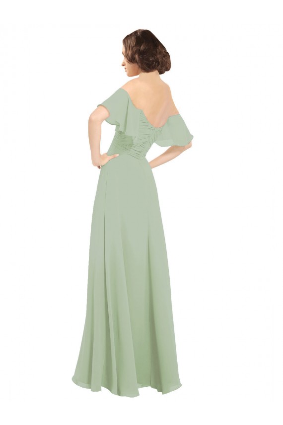 Meilleures Vert fumée Trapèze Épaule Dénudée Mousseline Longue Robes demoiselle d'honneur
