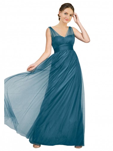 Meilleures Vert sarcelle Trapèze Col V Tulle Longue Robes demoiselle d'honneur