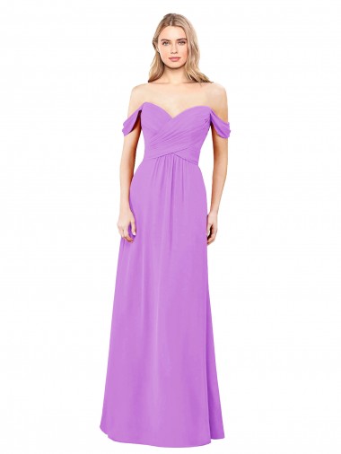 Meilleures Violet Trapèze Épaule Dénudée Mousseline Longue Robes demoiselle d'honneur